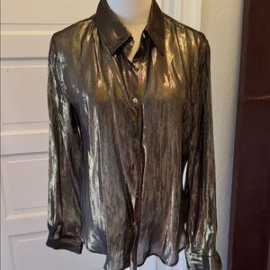 NWT Carole Little Shimmering silk blend sheer Gold black blouse